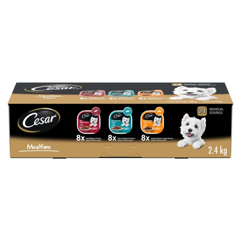 CESAR Classic Loaf in Sauce Adult Wet Dog Food Mealtime Variety Pack, with 8 Filet Mignon Flavour, 8 Pork Tenderloin Flavour & 8 Smoked Bacon & Egg Flavour, 24x100g Trays
