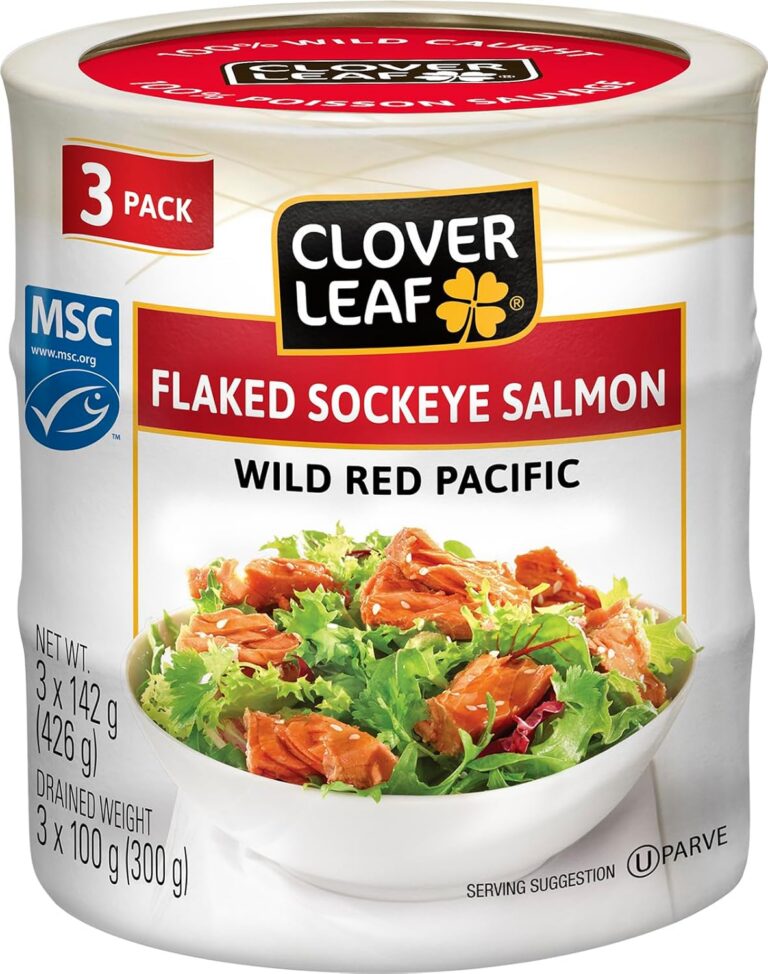 Clover Leaf Flaked Sockeye Salmon Wild Pacific - 142g, 3 Count - Canned Fish with Skin & Bones Removed, High in Protein - Source of Omega-3, Vitamin D