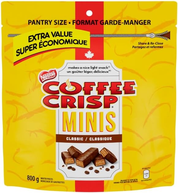 Coffee Crisp Minis Wafer Bars, Peanut-free, Chocolatey Coated Bite-Sized Wafers With Coffee Crème Filling, Pantry Size Resealable Bag, Prepared in Canada