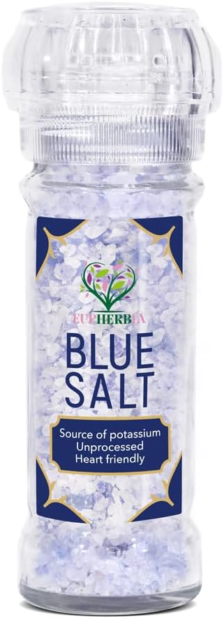 EUPHERBIA Blue Salt, Coarse, Rare Mineral Salt, High Potassium, Lower Sodium, Natural, Unprocessed, Hand Harvested, Kosher Certified (100g with Grinder)