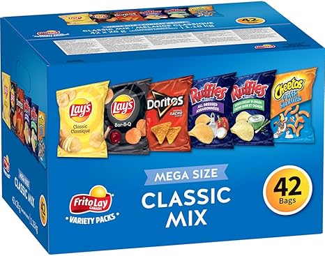 Frito-Lay Variety Pack (Lay's Classic, Lay's Bar-B-Q, Doritos Nacho Cheese, Ruffles All Dressed, Ruffles Sour Cream & Onion, Cheetos Puffs), 42 bags x 28g, Chips Snack Box