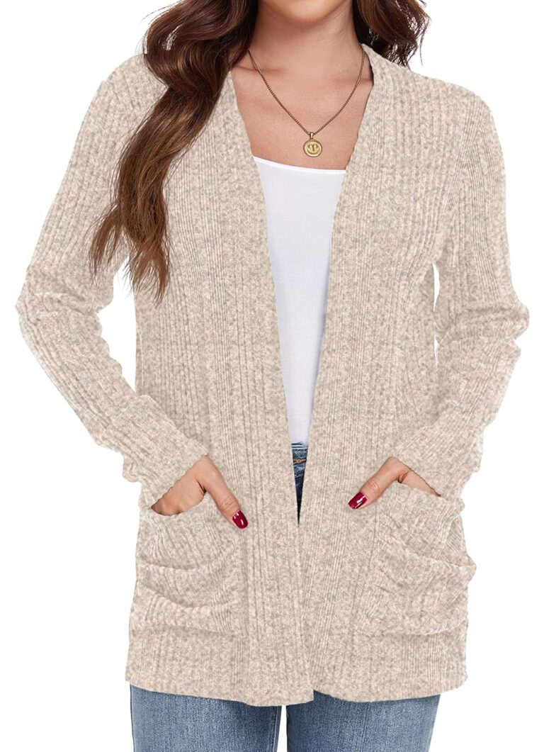 GRECERELLE Cardigan for Women Lightweight Open Front Long Sleeve Ribbed Knit Ladies Casual Sweater Outerwear with Pockets