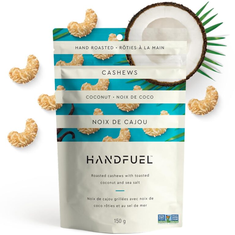 Handfuel Coconut Cashews, Hand Roasted Salted Cashews, 4g of Protein, Proudly Canadian Made Plant Based Flavoured Nuts, Gluten Free - 150 Grams