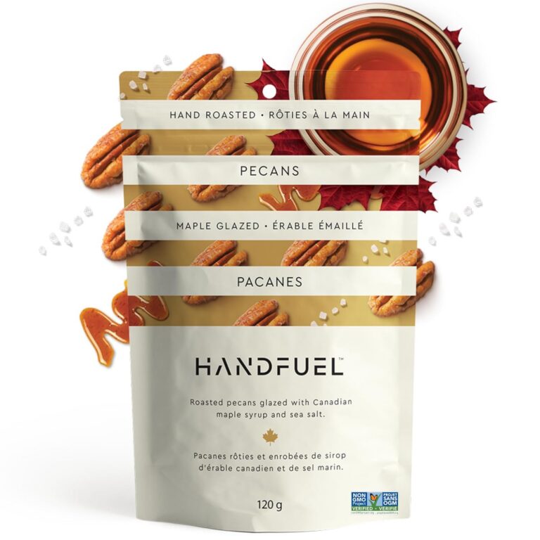 Handfuel Maple Glazed Candied Pecans, Hand Roasted Praline Pecans, 3g of Protein, Proudly Canadian Made Plant Based Candied Nuts, Gluten Free - 120 Grams