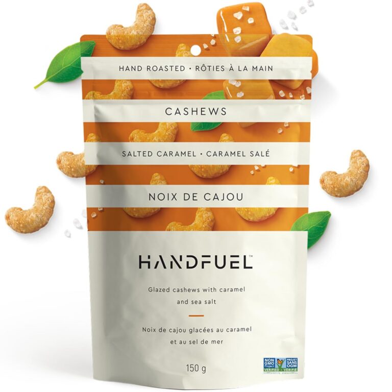 Handfuel Salted Caramel Cashews, Hand Roasted Salted Cashews, 4g of Protein, Proudly Canadian Made Plant Based Flavoured Nuts - 150 Grams