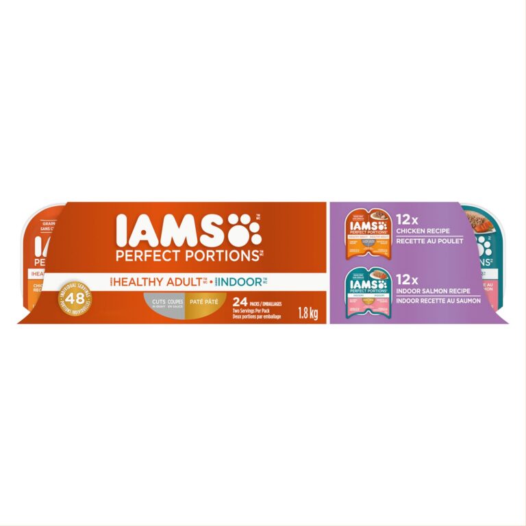 IAMS PERFECT PORTIONS Grain Free Healthy Adult Wet Cat Food – Chicken Cuts in Gravy – Indoor Salmon Paté – Variety Pack 24x75G (2.6oz) Trays (12 Chicken, 12 Salmon)