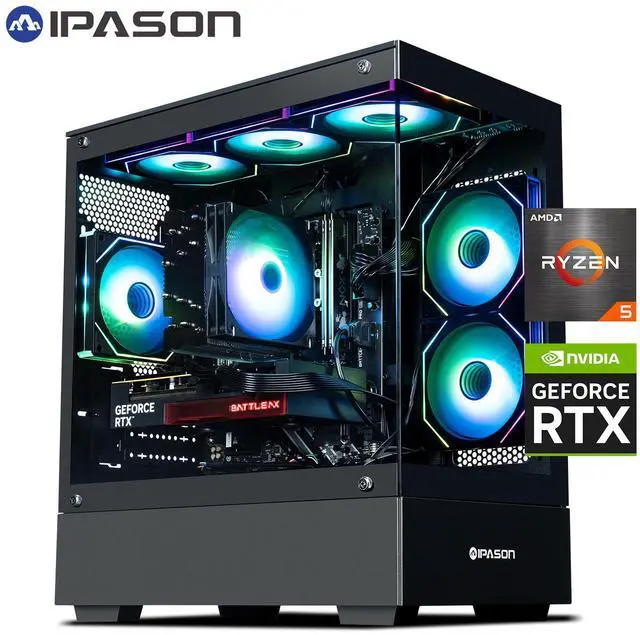 IPASON Xelra Gaming Desktop PC,AMD Ryzen5 9600X,Geforce RTX 5060 8G,16GB DDR5,1TB NVMe SSD,Wi-Fi,Windows 11 Home,Black Prebuilt Pc Computer