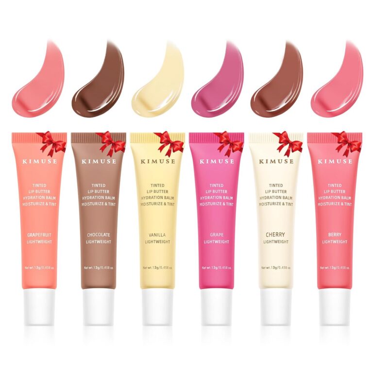KIMUSE Tinted Lip Butter Hydration Balm Set, 6 Flavored Shades Hydrating Plumping Gloss with Sheer Tint, Non-Sticky | Vegan Lip Care Makeup for Dry Lips & Daily