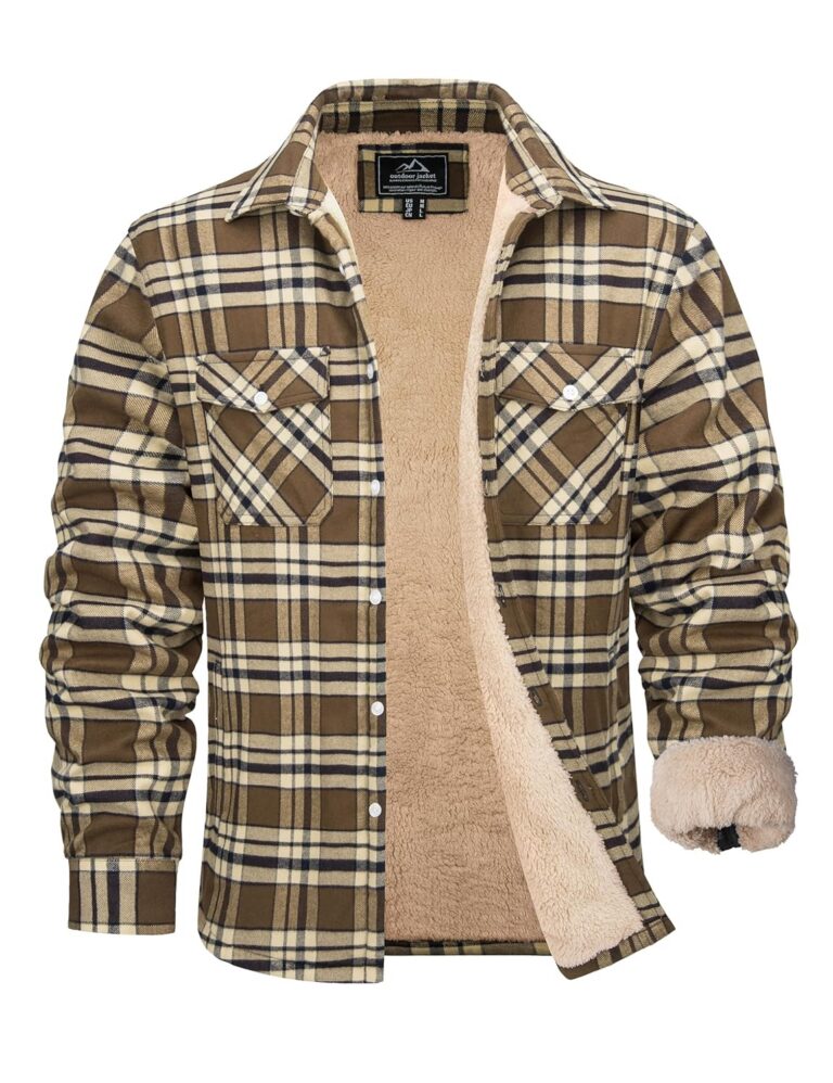 MAGCOMSEN Mens Winter Jackets Flannel Sherpa Lined Plaid Shirt Fleece Cotton Button Up Casual Jacket With Pockets