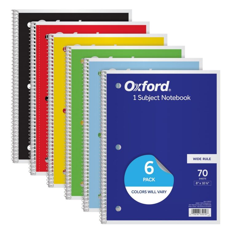 Oxford Notebooks, Spiral Notebook 6 Pack, 1 Subject, Wide Ruled Paper, 8" x 10-1/2", Blue, Yellow, Red, Light Blue, Green, Black, 70 Sheets, for School, Office
