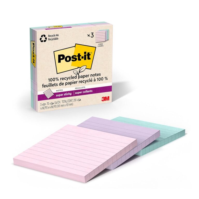 Post-it 100% Recycled Paper Super Sticky Notes, 2X The Sticking Power, 4x4 in, Lined, 3 Pads, 70 Sheets/Pad, Wanderlust Pastels Collection (675R-3SSNRP)