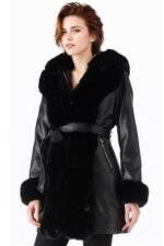 RISISSIDA Luxurious Women Winter Fur Lined Coat, Leather Jacket with Hooded Long Fur Collar, Thick Warm Heavy Overcoat Belted