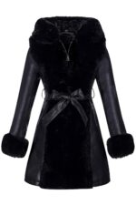 RISISSIDA Luxurious Women Winter Fur Lined Coat, Leather Jacket with Hooded Long Fur Collar, Thick Warm Heavy Overcoat Belted