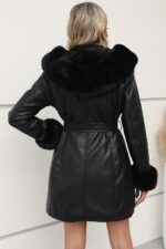 RISISSIDA Luxurious Women Winter Fur Lined Coat, Leather Jacket with Hooded Long Fur Collar, Thick Warm Heavy Overcoat Belted