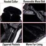 RISISSIDA Luxurious Women Winter Fur Lined Coat, Leather Jacket with Hooded Long Fur Collar, Thick Warm Heavy Overcoat Belted