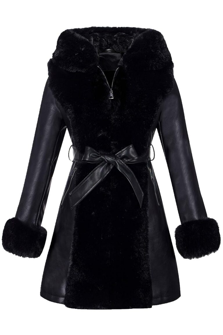RISISSIDA Luxurious Women Winter Fur Lined Coat, Leather Jacket with Hooded Long Fur Collar, Thick Warm Heavy Overcoat Belted