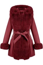 RISISSIDA Luxurious Women Winter Fur Lined Coat, Leather Jacket with Hooded Long Fur Collar, Thick Warm Heavy Overcoat Belted