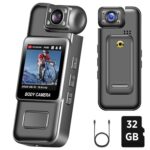 Sheawasy Mini Body Camera Action Camcorder 1.6inch LCD Screen 1080P Video Night Vision 180° Rotating Lens Back Clip Long-Lasting Battery 32GB Inside