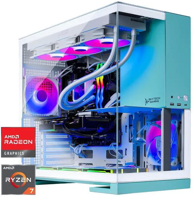 Skytech Aqua Gaming PC Desktop, Ryzen 7 9700X 3.8 GHz (5.5GHz Turbo), AMD RX 9070 XT 16GB, 2TB Gen4 NVMe SSD, 32GB DDR5 6000 RGB, 850W GOLD ATX 3 PSU,