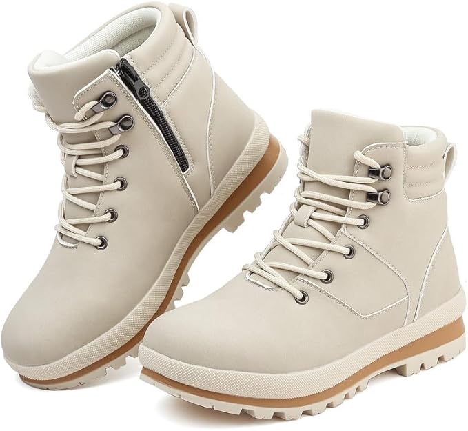 Womens Boots Waterproof Ankle Boots Fashion Hiking Combat Boots Lace up Low Heel Booties with Side Zipper Ladies Boots