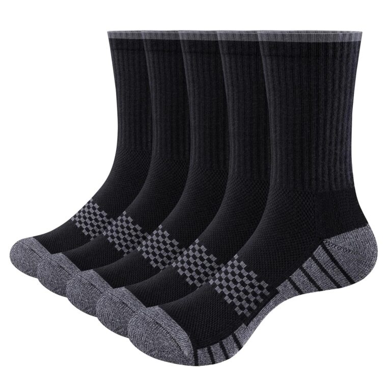 YUEDGE Mens Socks Moisture Wicking Athletic Cushioned Crew Socks Anti Blister Anti-Odor Work Socks For Men, 5 Pairs/Pack